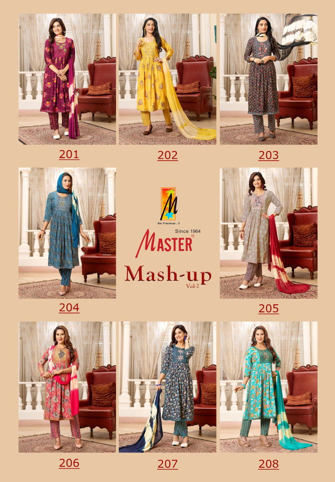 Mash Up Vol 2 By Master Naira Cut Rayon Printed Kurti With Bottom Dupatta Wholesale Online
